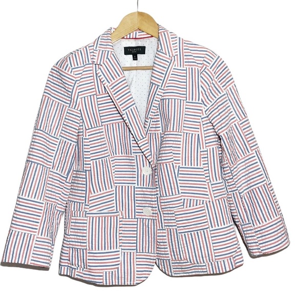 Talbots Seersucker Stripe Patchwork Blazer Size 8P - Picture 9 of 12